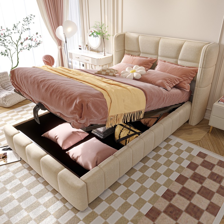 Pat tapitat 90x200, single, cu lamele, tetiera si depozitare pneumatica, in, bej