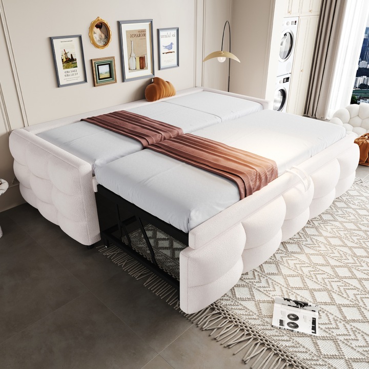 Pat pliant 90/180x190, dublu, cu pat extensibil si lamele, catifea Teddy, bej, fara covorase