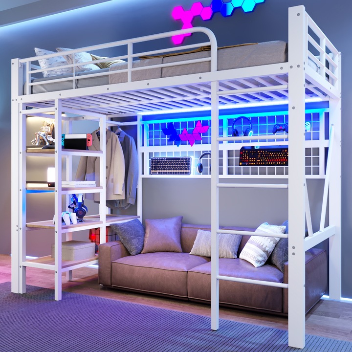 Pat supraetajat 90x200, single, cu metal, raft, plasa si bara, LED, alb, fara covoras