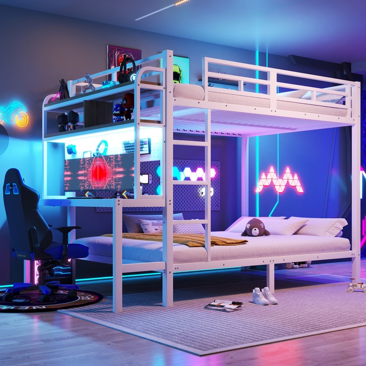 Pat supraetajat 140x200, dublu, cu raft metalic, birou, LED, USB, balustrada, alb, fara covoras