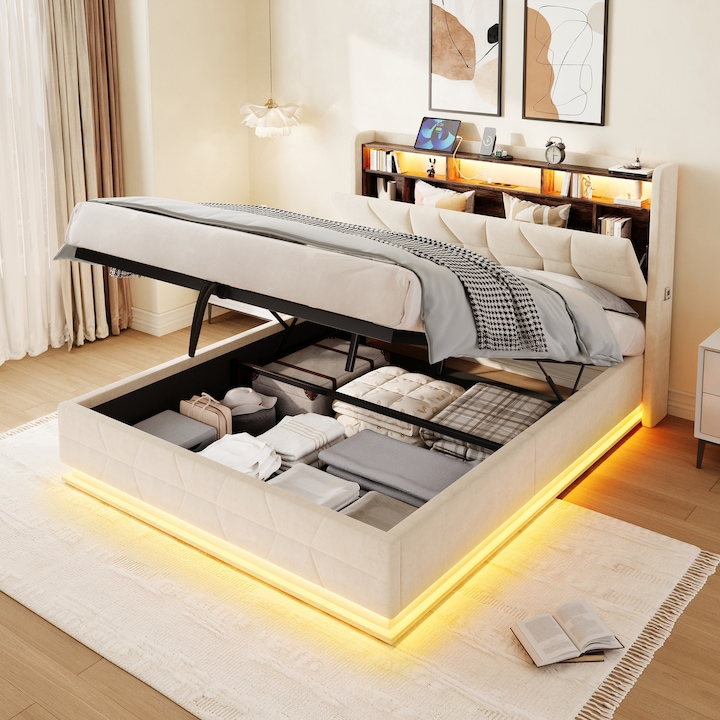 Pat 160x200, dublu, cu LED, rafturi, buzunare, USB, lamele, bej