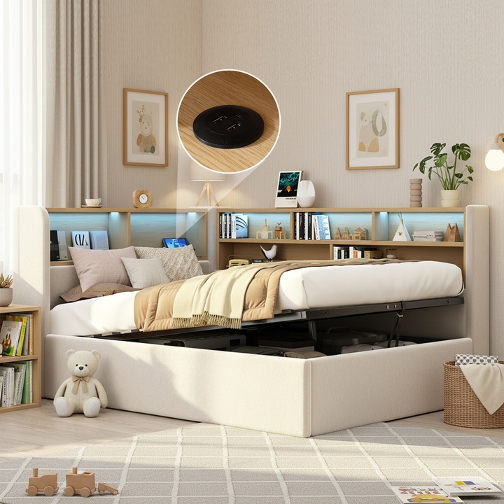 Pat de zi 90x200, single, cu sistem hidraulic, LED, USB si spatar, catifea, bej