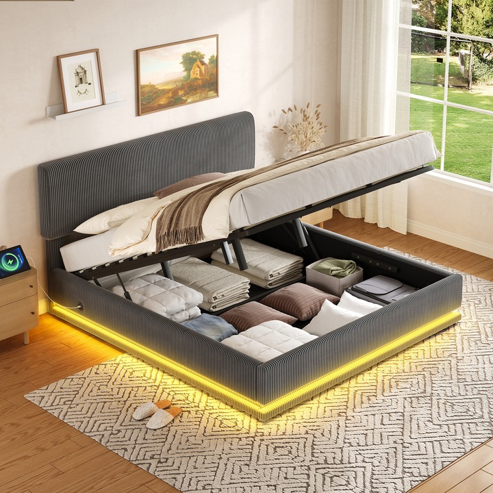 Pat tapitat 180x200, dublu, cu LED si USB-C, tetiera reglabila, cablu, lamele, compartiment mare de depozitare, gri