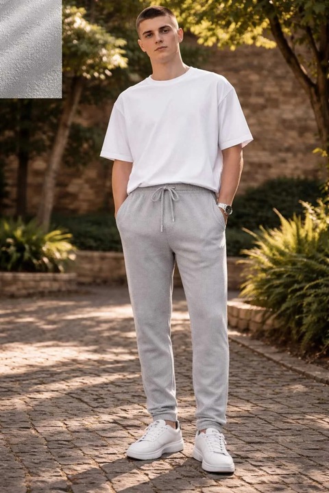 Pantaloni Barbati, Gri, 36 EU, Casual Texturati – Fit Confortabil, Talie Elastica cu Snur, Stil Modern Urban