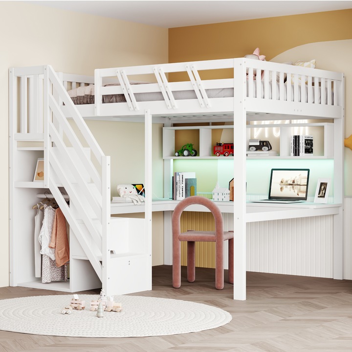 Pat din lemn masiv 140x200, dublu, cu trepte, dulap, birou, priza USB, LED, lemn, alb