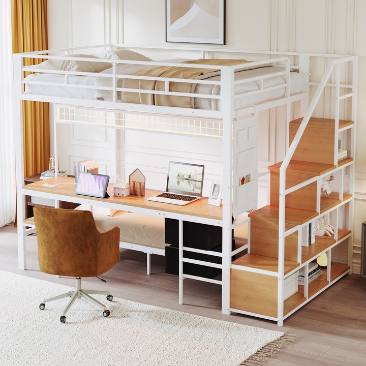 Pat supraetajat metalic 140/90x200, cu birou, LED, prize, spatiu de depozitare deschis si sertare din material textil, alb