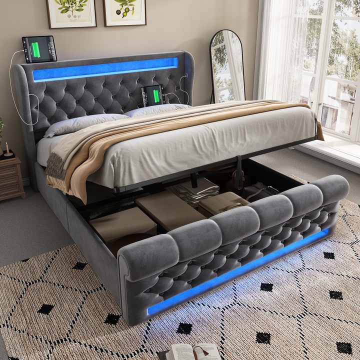 Pat tapitat 140x190, dublu, cu LED, tetiera cu spatiu de depozitare cu USB si USB-C, spatiu de depozitare hidraulic, catifea, gri, fara covorase