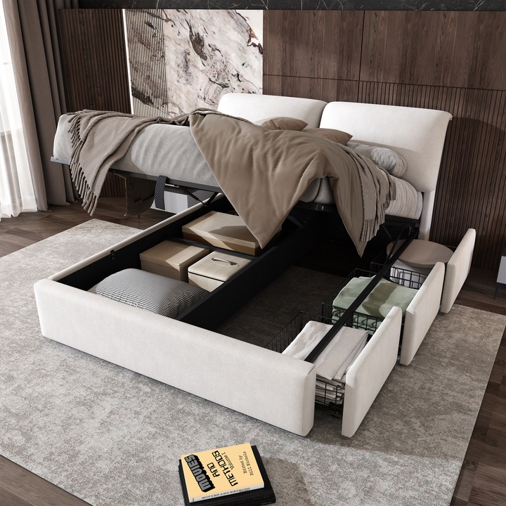 Pat tapitat 140x200, dublu, cu sistem hidraulic, 3 sertare, spatiu de depozitare, tablie cu sipci, catifea, bej, fara covorase