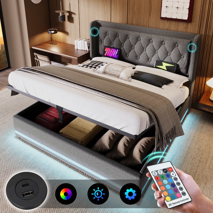 Pat tapitat 180x200, dublu, cu depozitare hidraulica, USB-C, LED pe 3 laturi, bumbac, gri, fara covoras