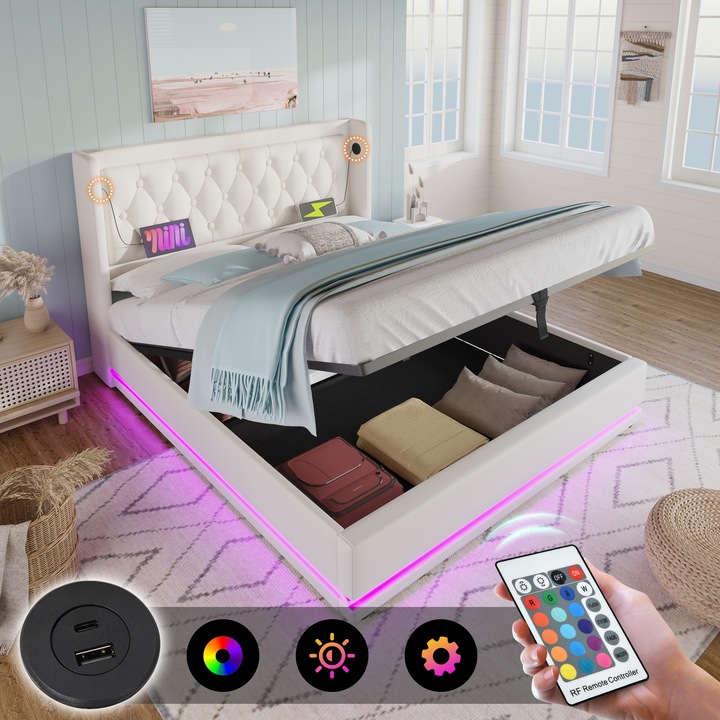 Pat tapitat 180x200, dublu, cu depozitare hidraulica, USB-C, LED pe 3 laturi, PU, alb, fara covoras