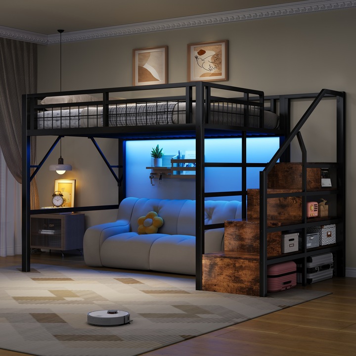 Pat supraetajat 140x200, metalic, cu LED, scara cu spatiu de depozitare, spatiu liber pentru schimbat paturi, negru, fara covoras