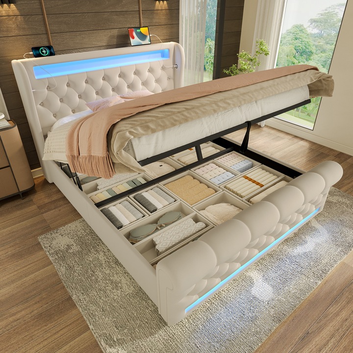 Pat tapitat 140x190, dublu, cu LED, tetiera cu spatiu de depozitare cu USB si USB-C, spatiu de depozitare hidraulic, catifea, bej, fara covorase