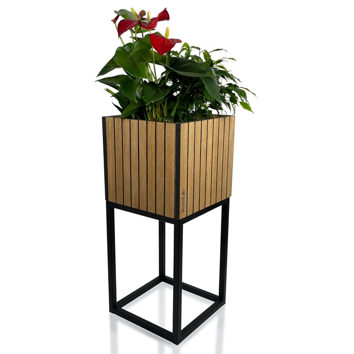 Ghiveci LOFT FIORINO, 22x22x50 cm, suport metalic, lemn natural, interior