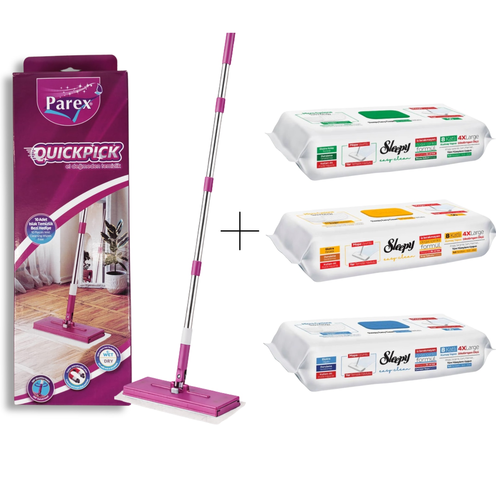 Set Mop Parex QuickPick + Lavete Sleepy Easy Clean 150 buc (White