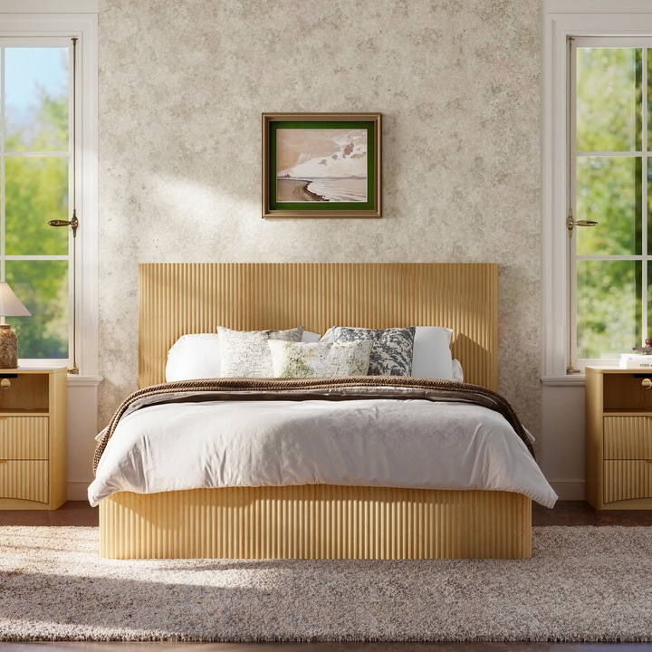 Pat 160x200, cu caneluri, depozitare hidraulica, sipci, stejar deschis