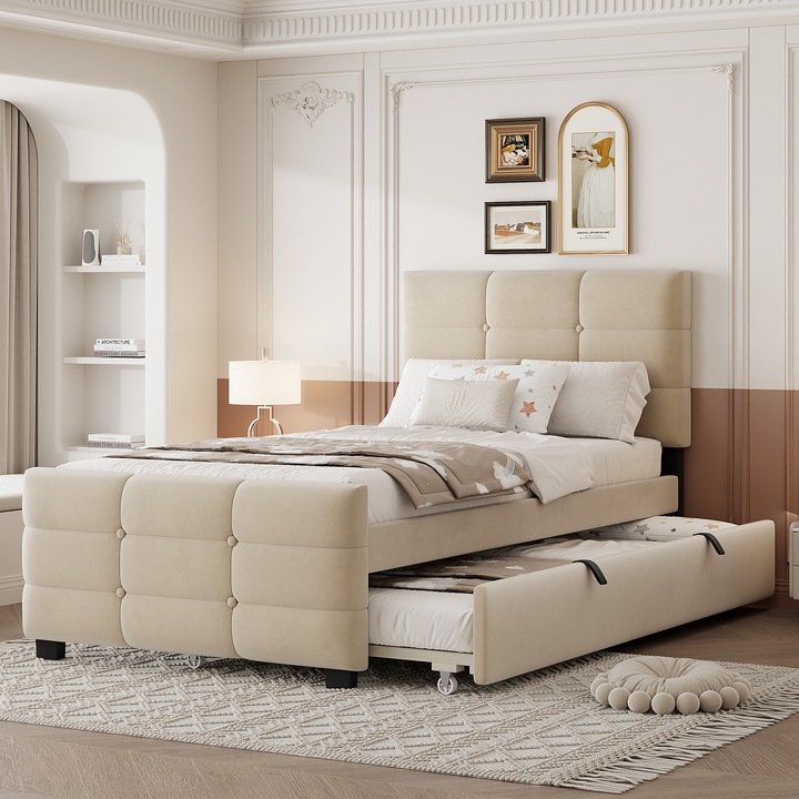 Pat tapitat 90x190, single, cu pat extensibil, catifea, bej