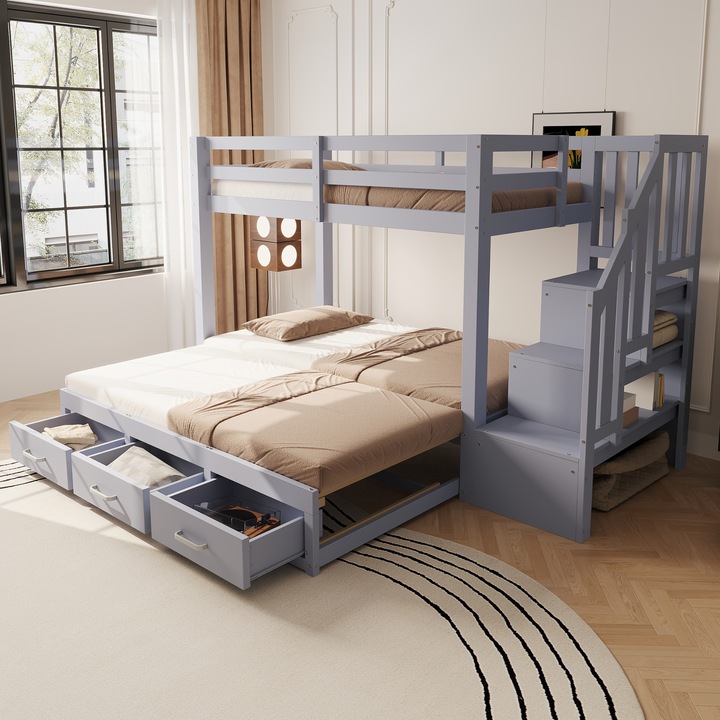 Pat supraetajat 90x200, cu pat extensibil 90/180x190, scara cu sertare, sipci, gri