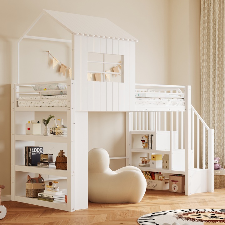 Pat supraetajat din fier forjat 90x200, stil casa, cu balustrada inalta, raft pe mai multe niveluri, scara sigura, alb