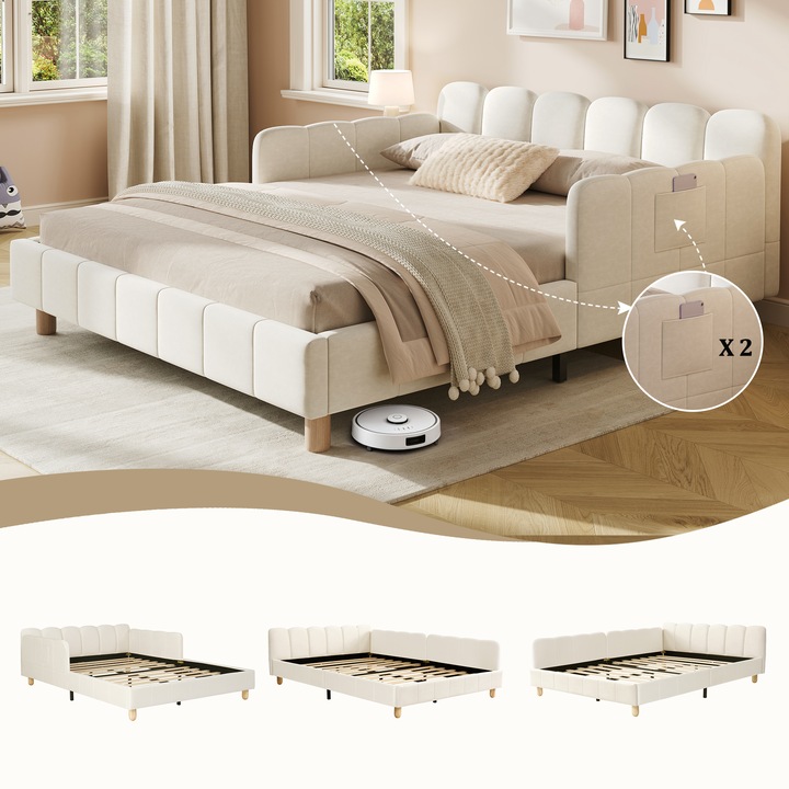 Pat tapitat pentru copii 140x200, cu tablie si bara, picioare din lemn masiv, catifea, bej