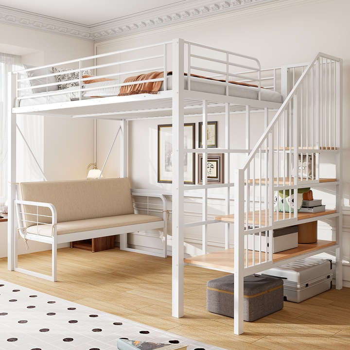 Pat supraetajat 140x200, metalic, cu canapea detasabila, spatiu de depozitare si scara sigura, alb