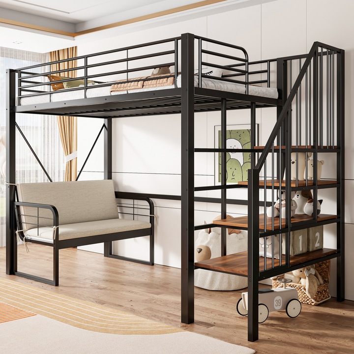 Pat supraetajat 90x200, metalic, cu canapea detasabila, spatiu de depozitare si scara de siguranta, negru