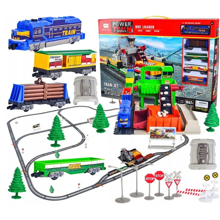 Set Trenulet electric IQ Toys Train World, 68 piese, 1 locomotiva, 4 vagoane, 762 cm