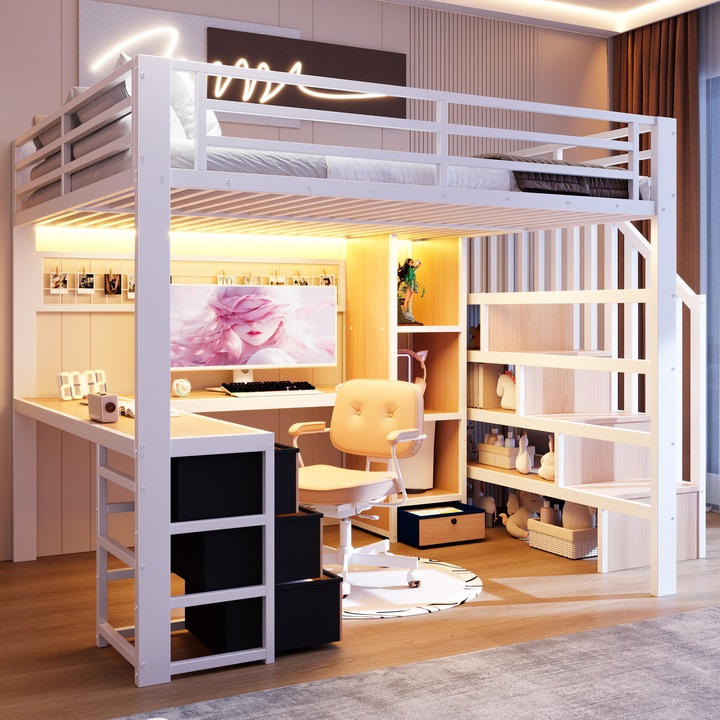 Pat supraetajat 140x200, dublu, metal, raft, 4 sertare, plasa, LED, birou, scara cu spatiu de depozitare, alb, fara covoras