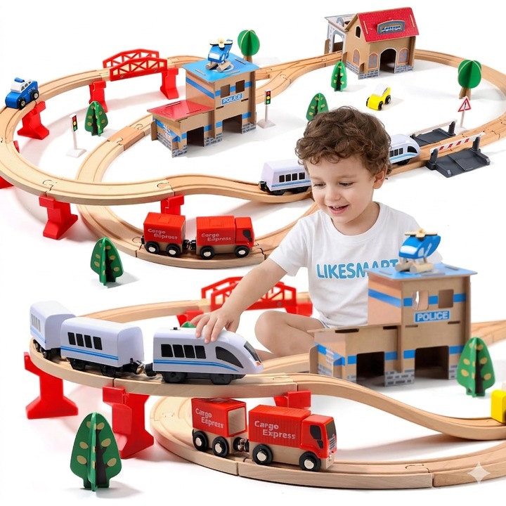 Set trenulet electric din lemn, ISP LikeSmart Cargo Express, 88 accesorii incluse, 110x45x10cm, multicolor