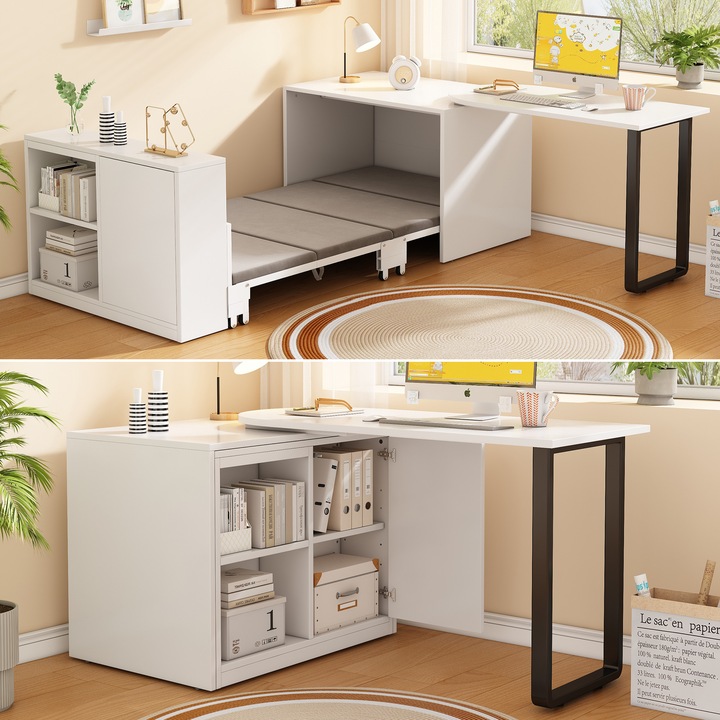 Pat pliant cu birou 90x200, single, metalic, cu saltea, roti si dulap, alb