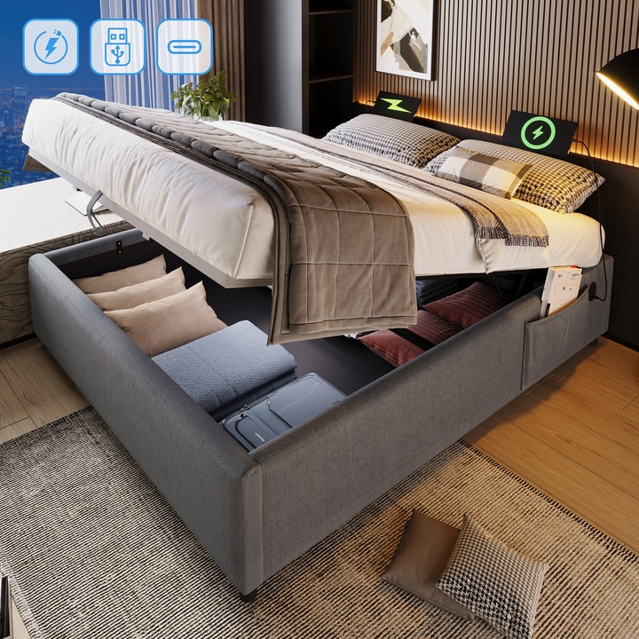 Pat tapitat 160x200, dublu, cu USB-C si lamele, fara tablie, bumbac, gri, fara covorase