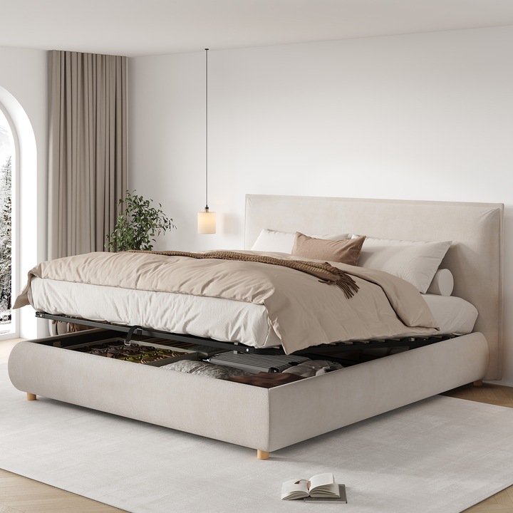 Pat tapitat 180x200, dublu, cu sistem hidraulic, sipci, tablie cu compartiment mare de depozitare, picioare din lemn masiv, catifea, crem