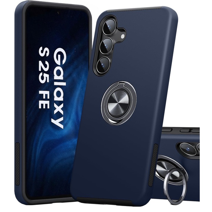 Husa MobileSmart pentru Samsung Galaxy S25 FE, Inel Rotativ 360° si Suport Birou, Antisoc, Bleumarin