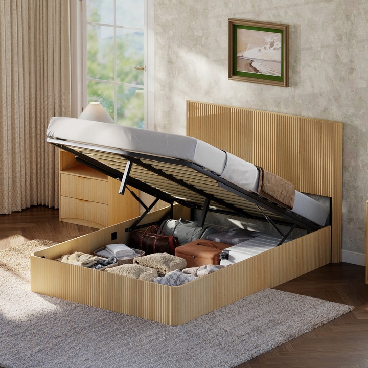 Pat 140x200, cu caneluri, depozitare hidraulica, sipci, stejar deschis