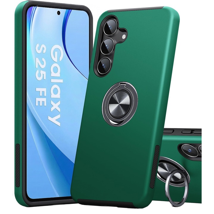 Husa MobileSmart pentru Samsung Galaxy S25 FE, Inel Rotativ 360° si Suport Birou, Antisoc, Verde