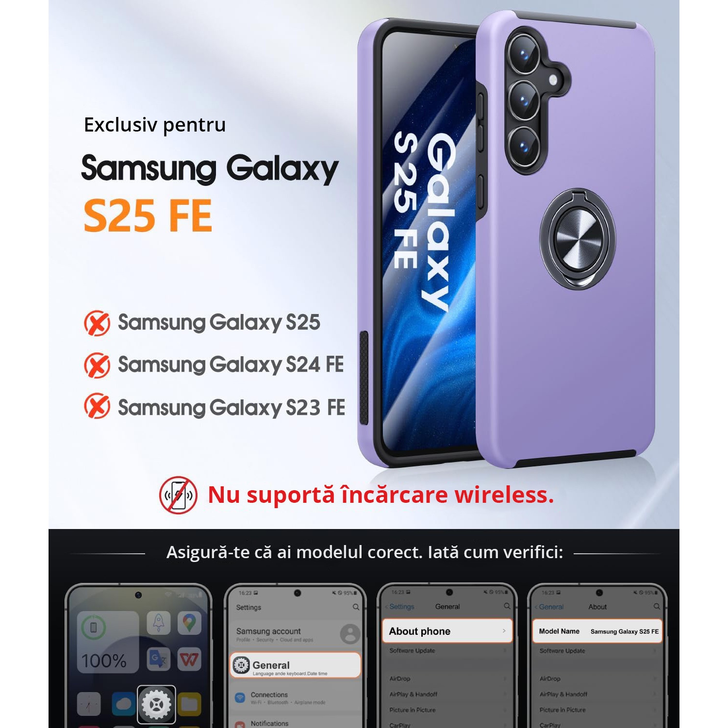 Husa pentru Samsung Galaxy S25 FE, MobileSmart, Hibrid Antisoc, Inel Rotativ 360° Magnetic pentru Suport Auto, Mov