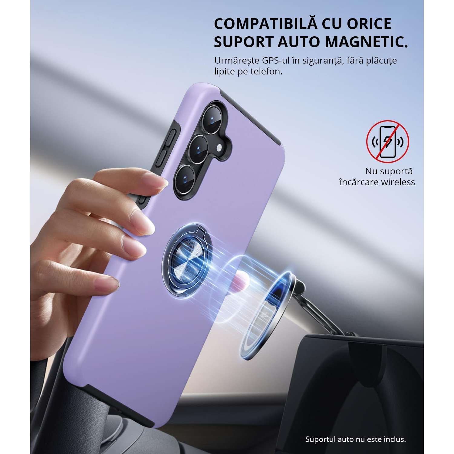 Husa pentru Samsung Galaxy S25 FE, MobileSmart, Hibrid Antisoc, Inel Rotativ 360° Magnetic pentru Suport Auto, Mov