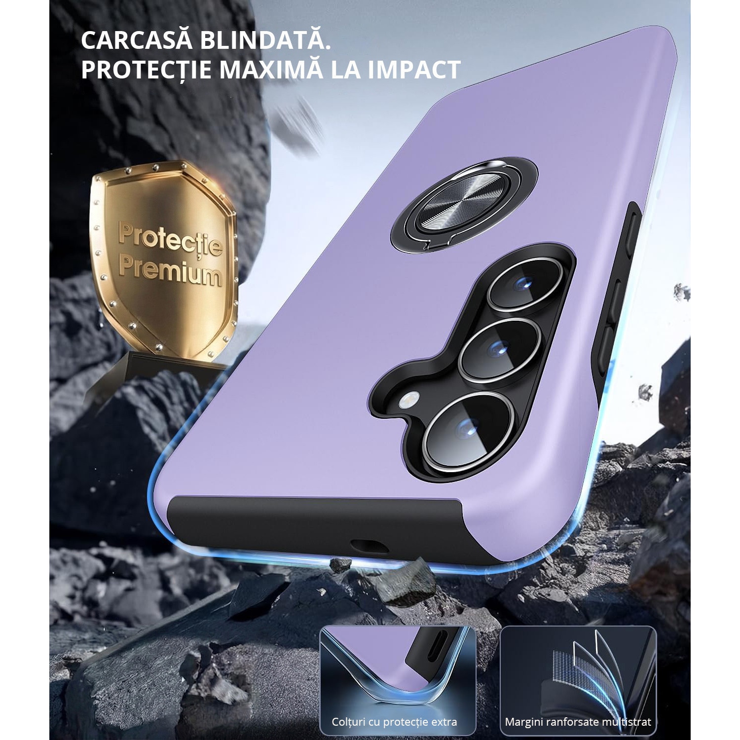 Husa pentru Samsung Galaxy S25 FE, MobileSmart, Hibrid Antisoc, Inel Rotativ 360° Magnetic pentru Suport Auto, Mov