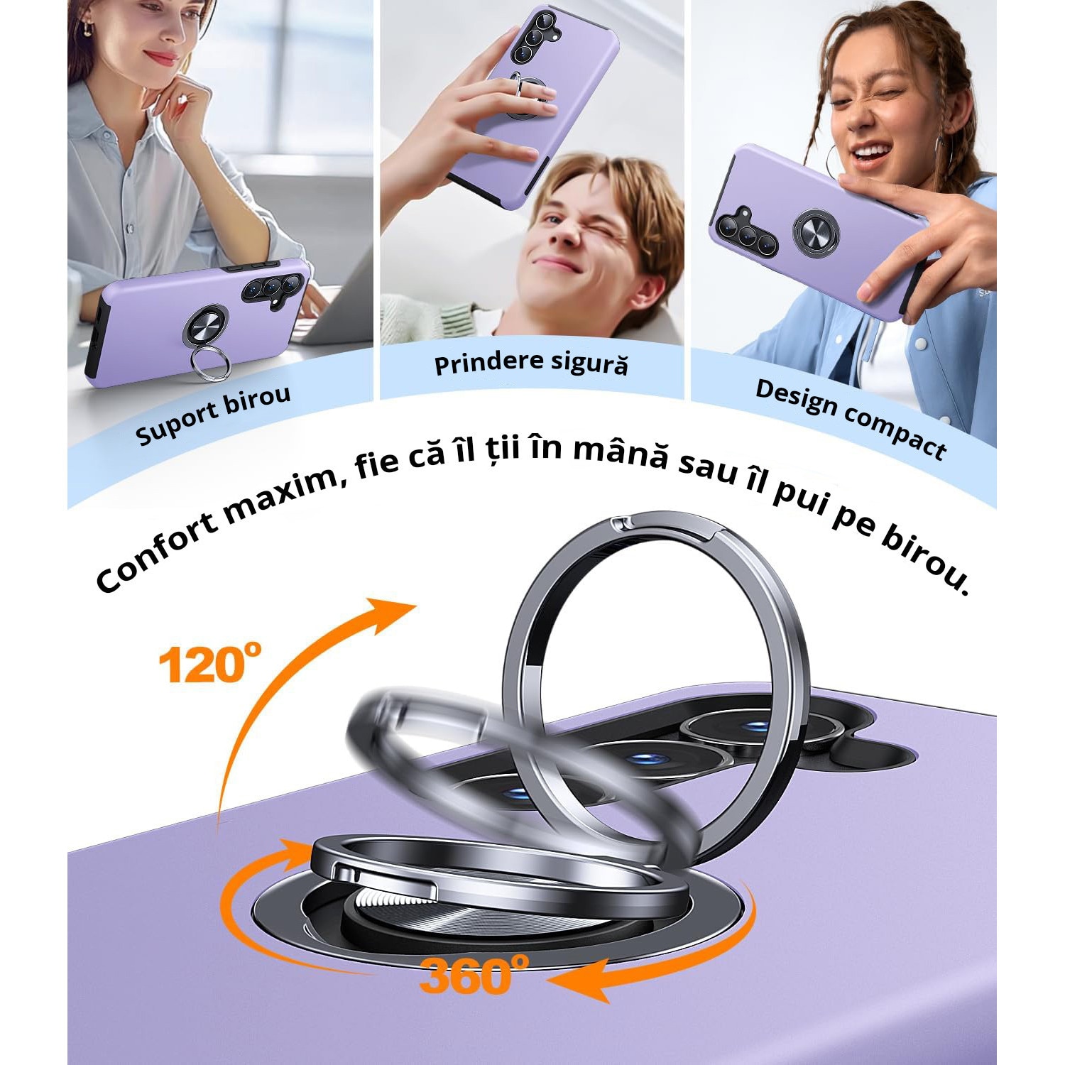 Husa pentru Samsung Galaxy S25 FE, MobileSmart, Hibrid Antisoc, Inel Rotativ 360° Magnetic pentru Suport Auto, Mov