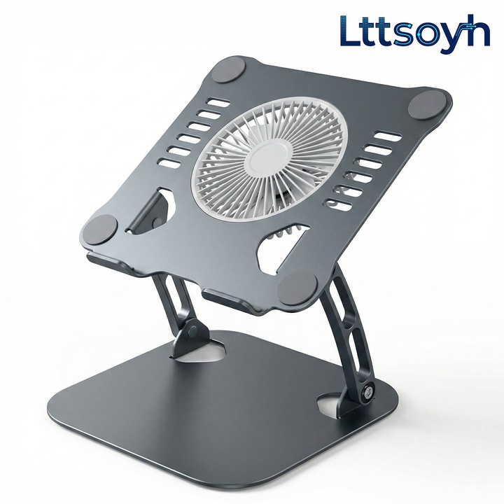 Стойка за лаптоп Lttsoyh®, с вентилатор за охлаждане с 3 скорости, авиационна алуминиева сплав, регулируема височина и ъгъл 50-300 мм, ергономичен и сгъваем дизайн, съвместима с лаптоп/таблет до 15.9", космическо сиво