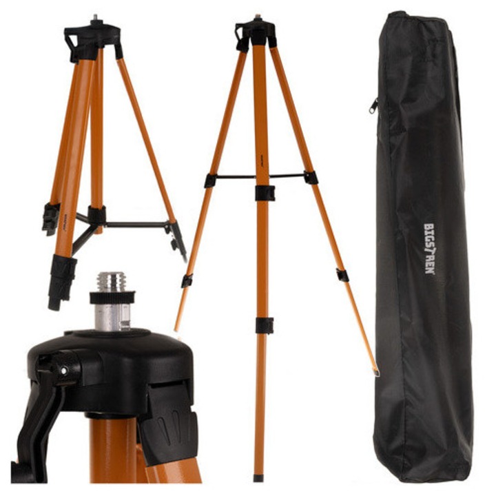 Trepied pentru laser cu linii incrucisate Bigstreen, reglabil 55–150 cm, 3 trepte, surub 5/8”, nivel cu bula, pliabil, stabil, 34 cm, Metal, portocaliu/negru