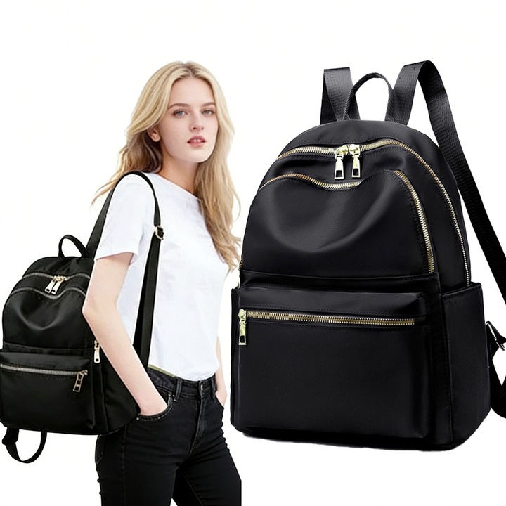Rucsac de femeie, Fain Mioritic®, sase compartimente, bretele reglabile pe umar, fermoare metalice, buzunare mici pe laterale si spate pentru depozitarea in siguranta a obiectelor mici, tesatura Oxford, stilata si versatila, 30 × 33 × 14 cm, negru