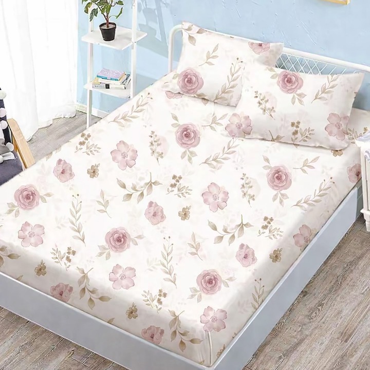 Set husa pat Finet Elegance + 2 fete perne pentru saltea de 160x200 cm, Trandafiri si frunzulite, Roz Ralex Pucioasa