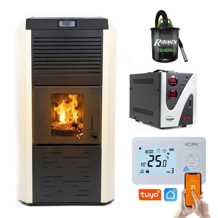 Pachet Smart Control - Termosemineu cu peleti Termax Kamin ECO, 30 kW, 220 mp, volum apa 49 litri, diametru cos fum ⌀80 mm, vas expansiune si pompa recirculare incluse + Termostat inteligent KOPH I302 WiFi + Aspirator cenusa 1000W + Stabilizator tensiune