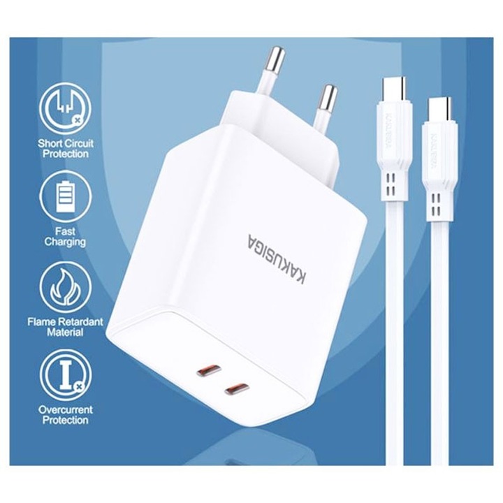 Set Incarcator retea plus cablu USB-C Kaku KSC-923, 40W, 2xUSB-C, PD, QC 3.0, Alb