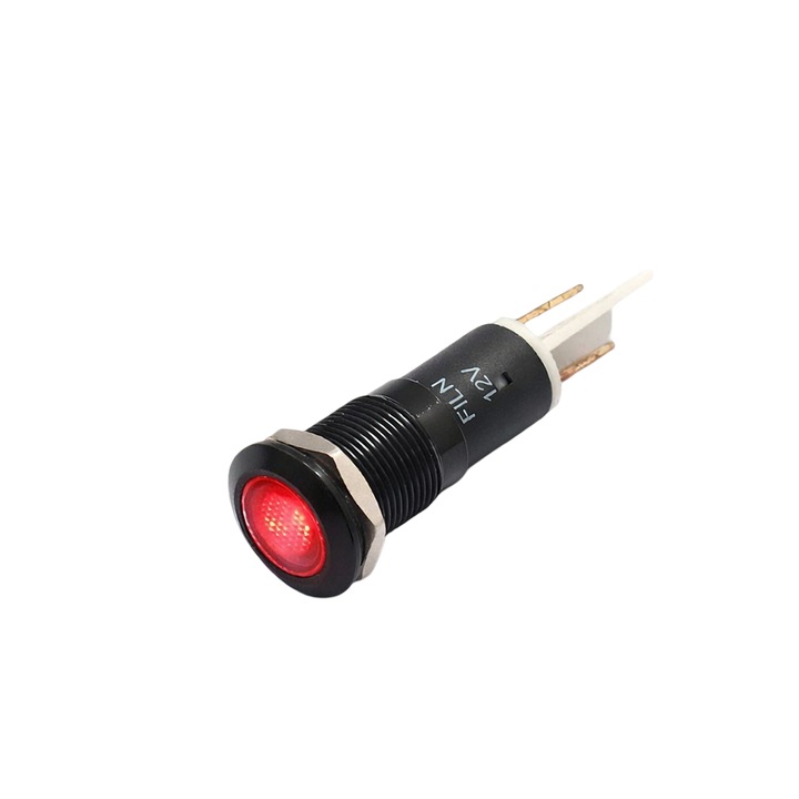 Indicator/martor LED plat de panou din aluminiu anodizat, 12mm, pini 6.3mm, rosu, 12-24V DC, IP67, FL1A-12FJ-1-RED
