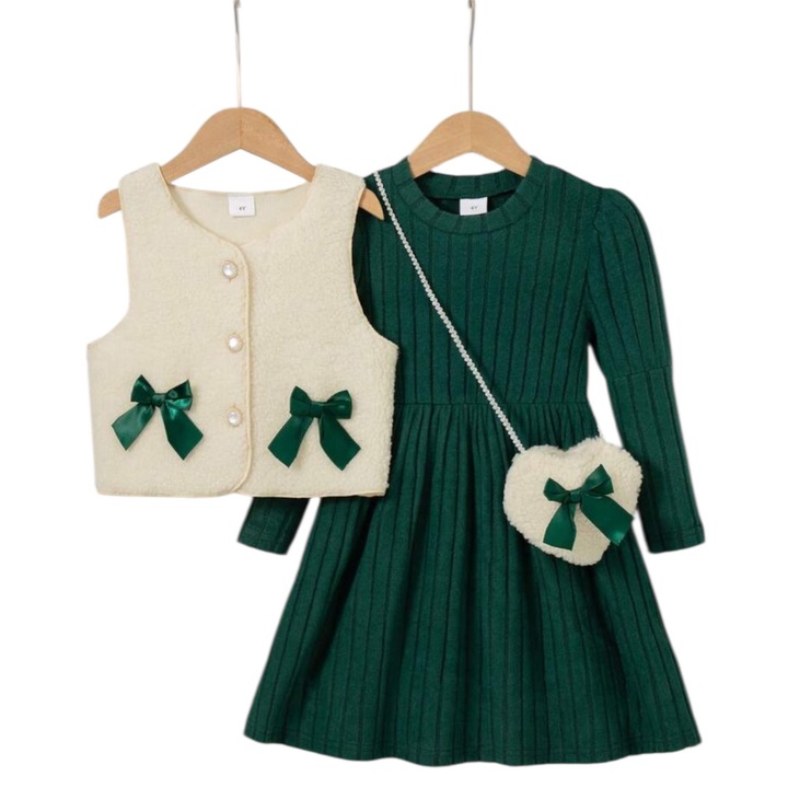 Set tinută copii, vesta, rochie și geantă, verde/crem, 4 ani, 104 CM