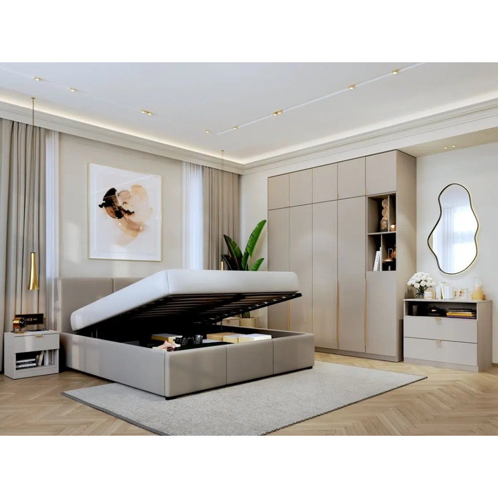 Set Dormitor Auris, Bej/Casmir, C18, Pat Rabatabil 160x200, 2 Noptiere, Comoda si Dulap Inalt 2.05m cu Soft close