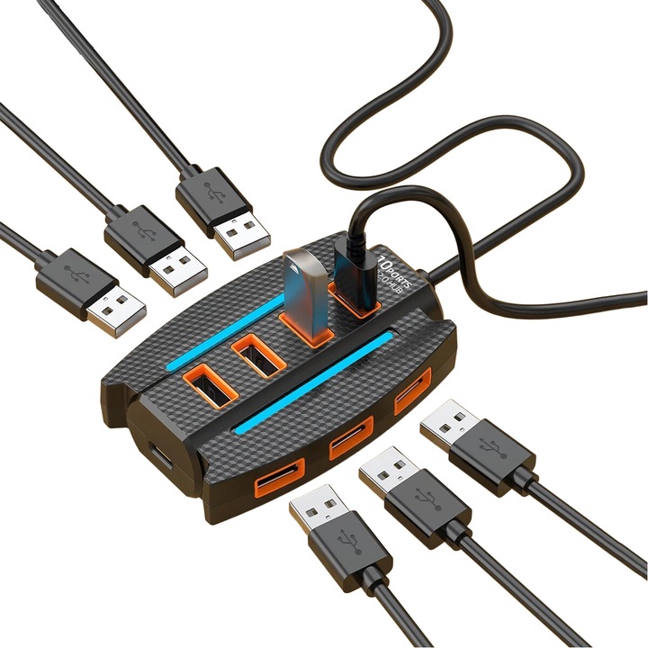 USB 3.0 elosztó 10 porttal, többportos USB elosztó, számítógép-bővítő, kompatibilis laptoppal és asztali számítógéppel, opcionális külső tápellátás, 1,2 m kábel, fekete színű