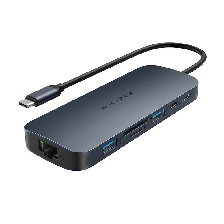 Adapter HUB 10 az 1-ben Hyper EcoSmart Gen.2, 2x USB-C 10 Gbps, 1x USB-C PD 140W, 2x HDMI 4K / 60Hz, 2x USB-A, 1x SD, 1x MicroSD, 1x Gigabit Ethernet, 1x Jack 3.5mm, Éjkék
