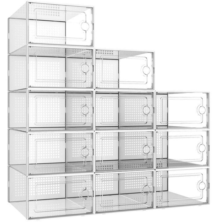 Cutii Organizatoare Pantofi, Hggzeg, 12 cuburi organizator incaltaminte, Cu posibilitatea combina pentru depozitare Incaltaminte, Gauri de ventilatie, Pliabile, PP, 33x23x14cm, Alb/Transparent